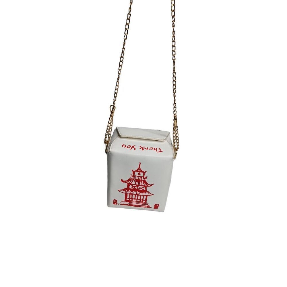 Takeout Box Purse Shoulder Bag Small White Red Gold Tone chain 2 snap closure - Picture 11 of 13